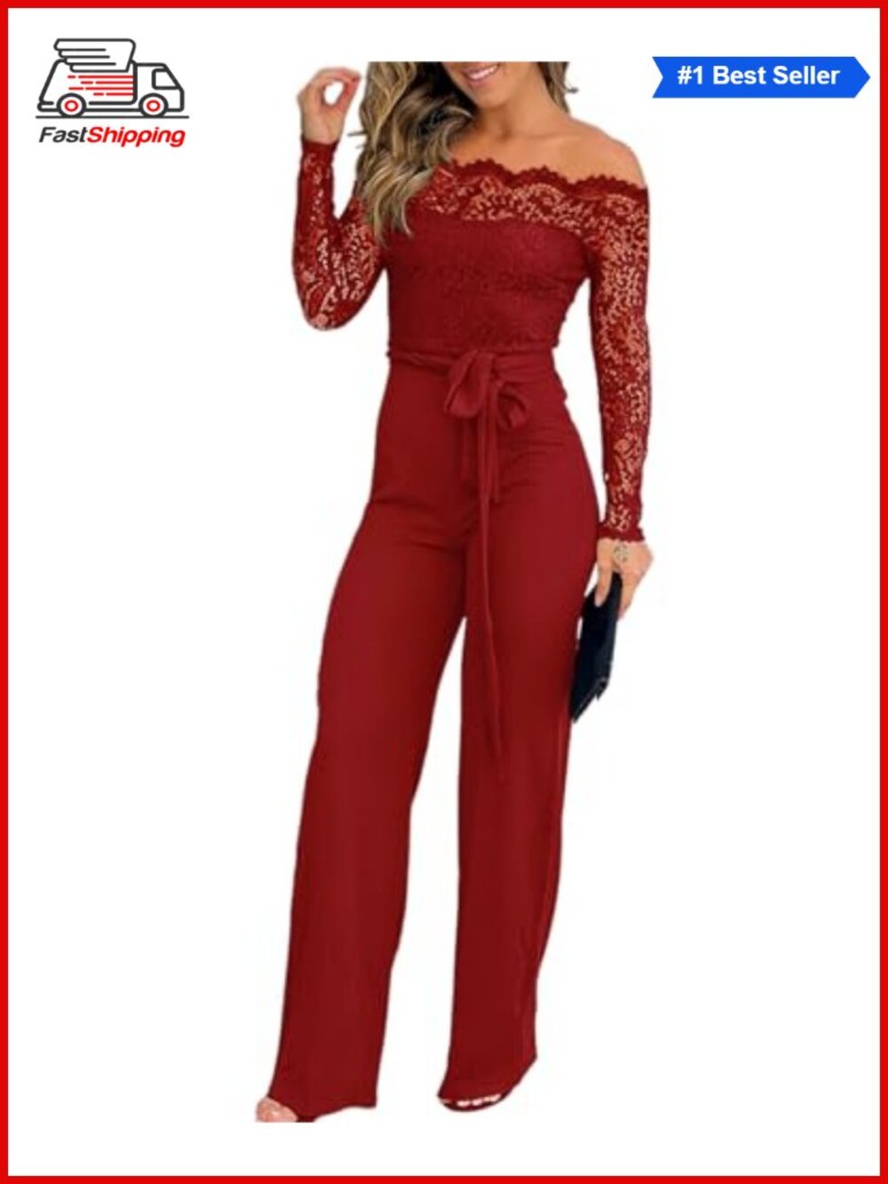 ✨ Off Shoulder Lace Jumpsuit Long Sleeve Dressy Party Overalls